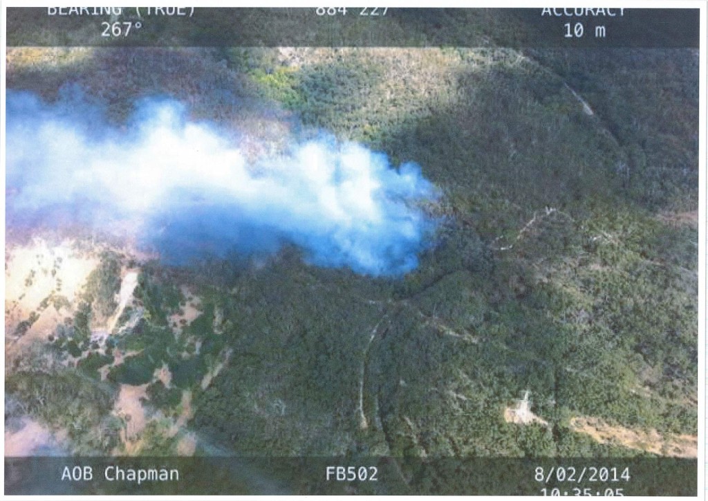 Photograph of the 8/2/14 fire in Belair National Park taken by a CFS helicopter.