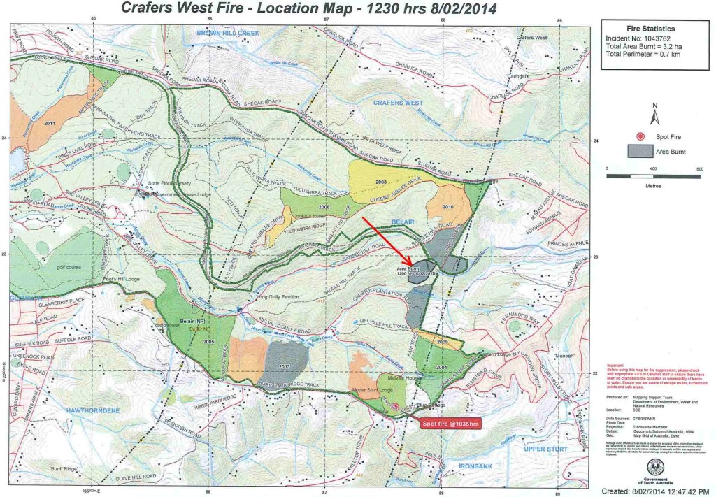 A map showing fire area in Belair National Park. A red arrow points the the area burnt 8/2/14.